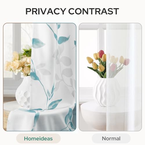 Non-See-Through Teal and White Privacy Sheer Curtains (Leaves-teal / 52"W x 96"L (Pack of 2))