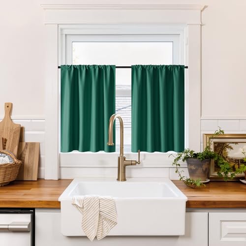 100% Blackout Short Curtains for Small Window (100% Blackout - Dark Green / 29"W x 24"L (Pack of 2))