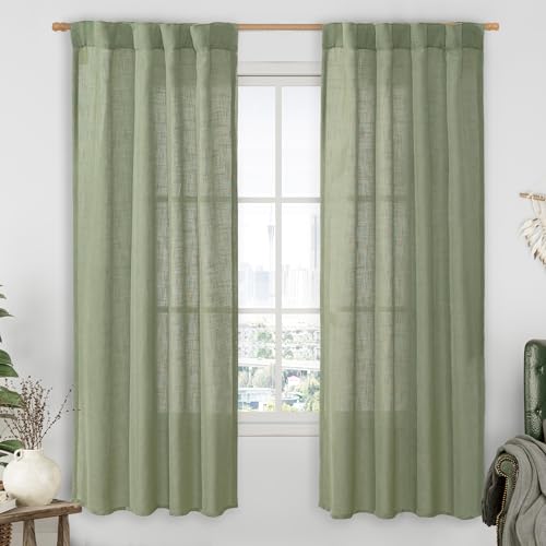 Light Filtering Linen Curtains 72 inches Long for Bedroom (Sage Green / 34"W x 72"L (Pack of 2))