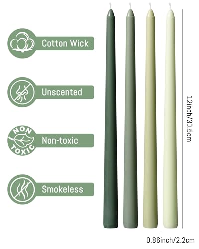 12 Inch Green Taper Candles 4 Pack Unscented Smokeless Home Decor (12"4pcs-Gradient Green)