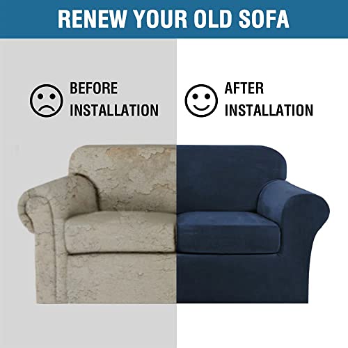 Real Velvet Plush 3 Piece Stretch Sofa Covers Couch Covers for 2 Cushion Couch Sofa Slipcovers Width Up to 90 Inch Feature Thick Soft Stay in Place (2 Cushion Sofa / Navy)