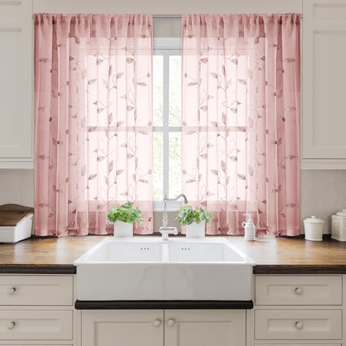 Blush Pink Kitchen Curtains Leaf Embroidered (52"W x 54"L (Pack of 2) / Blush Pink)