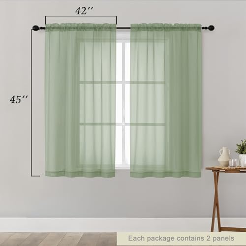 Sage Green Sheer Curtains for Bedroom Living Room 45 Inch Length 2 Panels (Sage Green / 42"W x 45"L (Pack of 2))