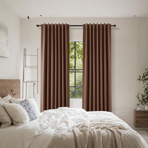 Rustic Brown 100% Blackout Linen Curtains 108 Inch Length 2 Panels Set for Living Room Bedroom Back Tab Thermal Insulated Black Out Drapes Room Darkening Farmhouse Style for Bedroom Window Curtains (Rustic Brown / 52"W x 108"L (Pack of 2))