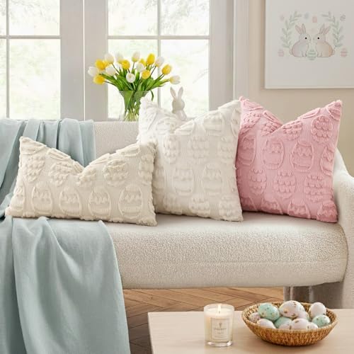 Cream White Faux Fur Egg Throw Pillow Covers 16x16 Set of 2 (16" x 16" (Pack of 2) / Eggs Cream White)