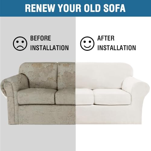 Modern Velvet Plush 4 Piece High Stretch Sofa Slipcover Sofa Cover Furniture Protector Form Fit Thick Velvet Sofa Cover for 3 Cushion Couch Width Up to 90 Inch (3 Cushion Sofa / Porcelain White)