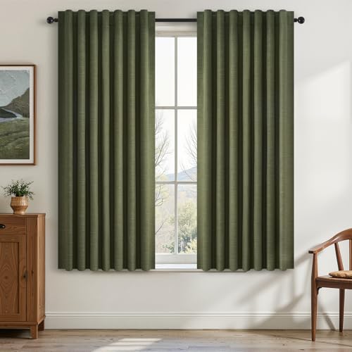 Olive Green 63 Inch Long Linen Blackout Curtains 2 Panels Set Thermal Insulated Heat Blocking Curtain for 62 (Olive Green / 52"W x 63"L (Pack of 2))