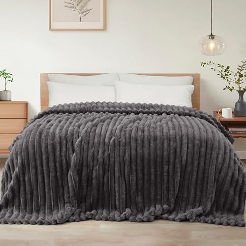 Striped Queen Size Fleece Blanket for Bed (Dark Grey / Queen ( 90x90 IN ))