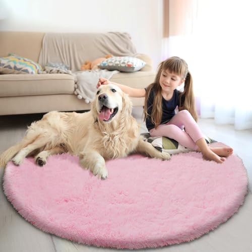 Pink Fluffy Round Area Rugs for Bedroom (Pink / 5' (Round))