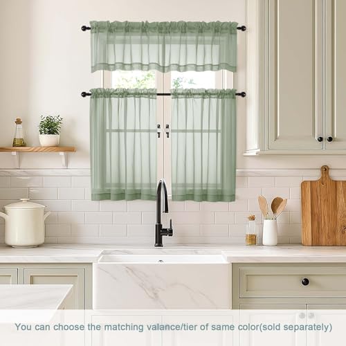 Sage Green Small Sheer Curtains Tier 24 Inches Length 2 Pieces (42"W x 24"L (Pack of 2) / Sage Green)
