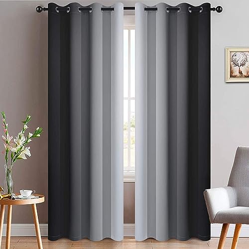 Ombre Curtains Black and Greyish White for Living Room (52"W x 90"L (Pack of 2) / Black)