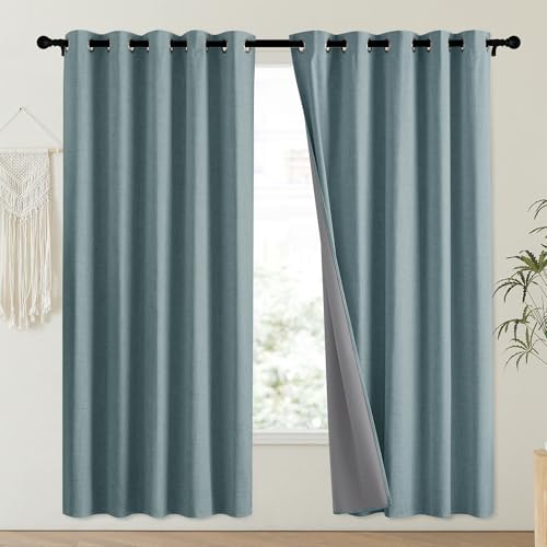 100% Absolutely Blackout Linen Curtains with Thermal Insulated Liner (62"W x 72"L (Pack of 2) / Skylark Blue)