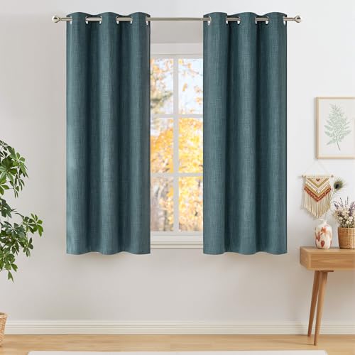 Short Greyish Blue Blackout Curtains 63 inches Long for Kitchen (Linen Greyish Green / 42"W x 63"L (Pack of 2))