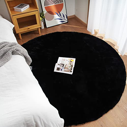 Faux Rabbit Fur Round Rug 8ft Black Round Rugs for Bedroom Decor Fluffy Area Rugs for Living Room (Black / 7'10" (Round))