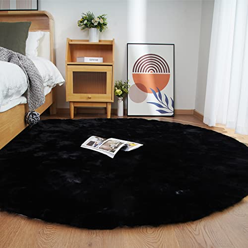 Faux Rabbit Fur Round Rug 8ft Black Round Rugs for Bedroom Decor Fluffy Area Rugs for Living Room (Black / 7'10" (Round))