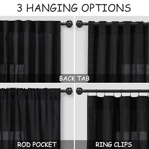 Black Linen Curtains 90 Inches Long for Living Room Back Tab and Rod Pocket Semi Sheer Privacy Curtains Simple Modern Cotton Textured Curtain for Bedroom 70x90 (70"W x 90"L (Pack of 2) / Black)