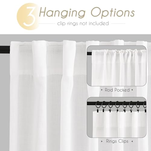Linen White Curtains 90 inches Long for Bedroom Loop Pocket Privacy Light Filtering Semi Sheer White Boho Farmhouse Curtain Drapes Cotton Textured Modern Elegant Coastal Living Room Decor 42x90 (White / 42"W x 90"L (Pack of 2))