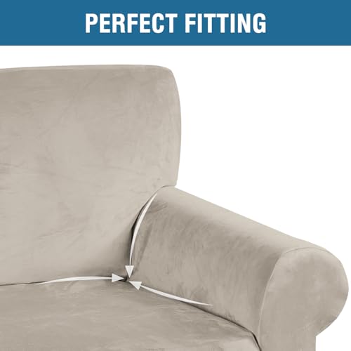 Stretch Velvet Armchair Cover Couch Covers 1 Cushion Chair Slipcover for Living Room Furniture Cover Crafted from Thick Comfy Rich Velour (French Oak / Armchair)