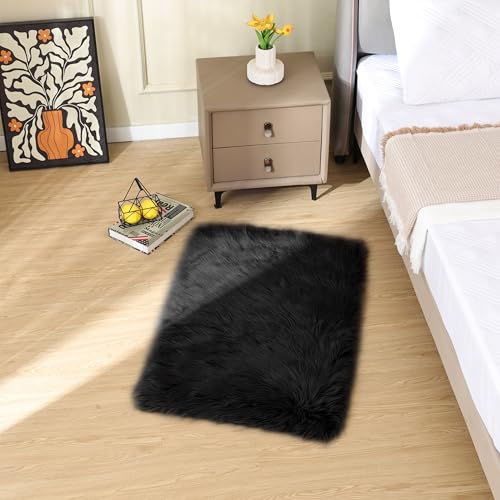 Black Faux Sheepskin Washable Fluffy Fur Area Rugs for Bedroom Small Fuzzy Carpet for Living Room 2x3 Boho Nursery Rug (2' x 3' (Rectangular) / Black)