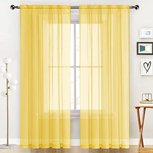 Sheer Voile Window Treatment Rod Pocket Curtain Panels for Kitchen Bedroom Living Room Drapes Sunlight Filtering Privacy Semi Home Decor Assorted Colors Sizes (Yellow / 52"W x 54"L (Pack of 2))