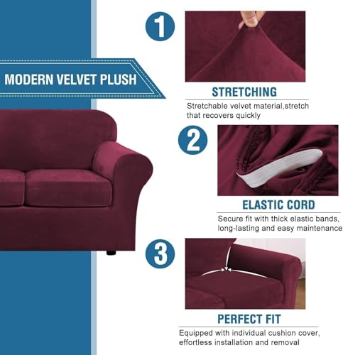 High Stretch Sofa Slipcover 4 Piece Cover Velvet Furniture Protector Form Fit Thick Velvet Extra Large Sofa Cover for 3 Cushion Couch Width Up to 97 Inch (3 Cushion Large Sofa / Wine/Burgundy)