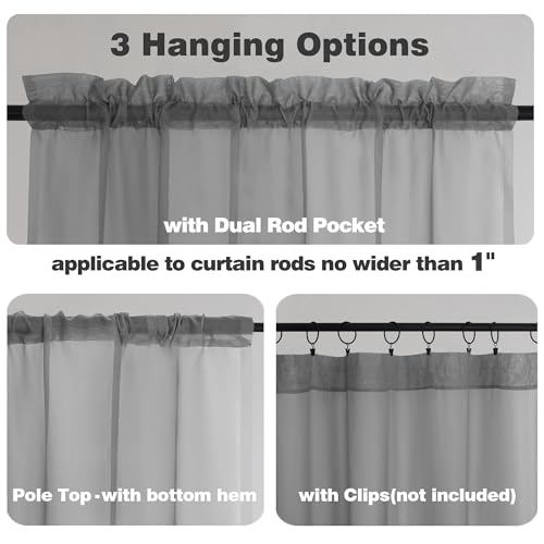 Charcoal Grey Sheer Valances for Windows (Charcoal Grey / 42"W x 16"L (Pack of 2))