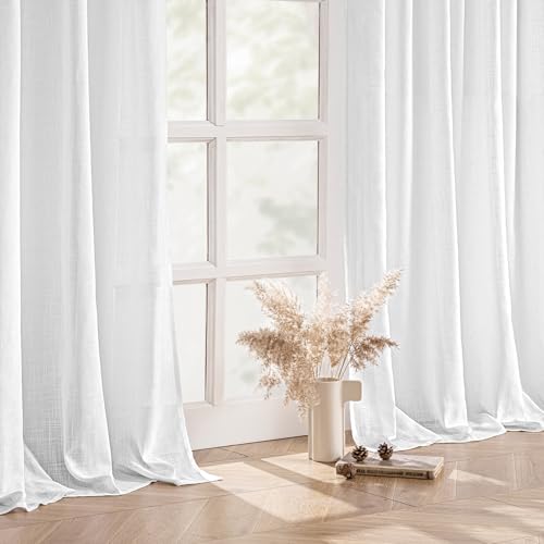 White Linen Curtain Short 45 Inch Long 2 Panels for Kitchen Bedroom (52"W x 45"L (Pack of 2) / White)