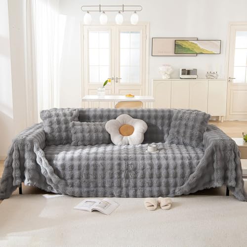 Faux Fur Plush Sofa Covers for Couch Washable Rabbit Plush Couch Cover Cozy Faux Fur Sectional Covers for Dogs Fluffy Plush L Shaped Sofa Cover Pet Couch Protector (71" x 118" / Z-plush:dark Grey)