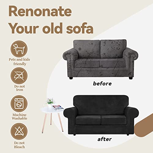 Velvet Stretch 3 Pieces Couch Cover for Sofa Washable (Medium / Black)