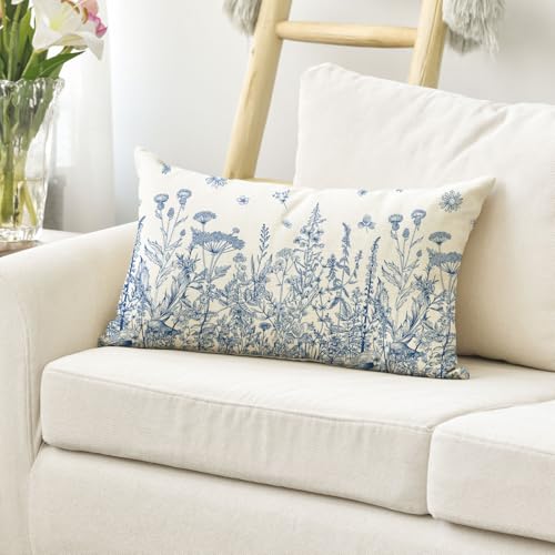 Wildflowers Spring Blue Throw Pillow Cover 12x20 Inch (Blue)
