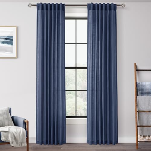 Navy Blue Curtains 84 inch Length for Bedroom Back Tab Light Filtering Semi Sheer Blue Living Room Curtains Linen Cotton Textured Indigo Blue Drapery Panel Modern Aesthetic Decor 42" Wx84 L (Navy Blue / 42"W x 84"L (Pack of 2))