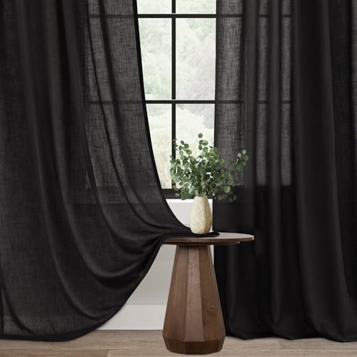 Black Linen Curtains 84 inches Long for Bedroom Back Tab Light Filtering Privacy Semi Sheer Black Curtains Living Room Boho Rustic Farmhouse Cotton Textured Gauze Curtain 2 Panel Set (Black / 52"W x 84"L (Pack of 2))