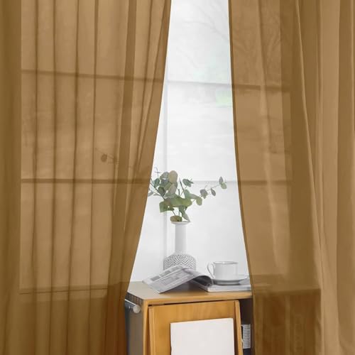 Solid Sheer Rod Pocket Curtain Voile Draperies 2 Panels White Beige Black Grey Ivory 52 Inch Width 84 Inch Long 1 Pair for Kitchen Bedroom Children Living Room Yard (Light Brown / 52"W x 84"L (Pack of 2))