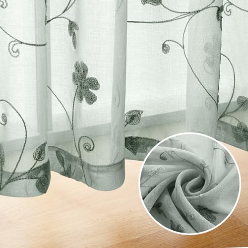 Sage Green Sheer Curtains 84 Inches Long 2 Panels Embroidered Floral Pattern Semi Sheer Window Curtains for Bedroom Living Room (52"W x 84"L (Pack of 2) / Sage Green)
