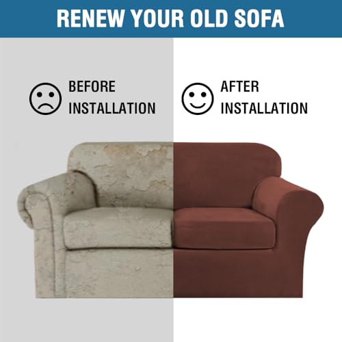 Real Velvet Plush 3 Piece Stretch Sofa Covers Couch Covers for 2 Cushion Couch Loveseat Covers Width Up to 72 Inch Feature Thick Soft Stay in Place (2 Cushion Loveseat / Burnt Brick)