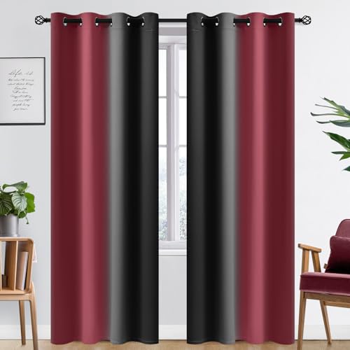 Ombre Burgundy and Black Room Darkening Curtains 84 inch Length (52"W x 84"L (Pack of 2) / Burgundy and Black)