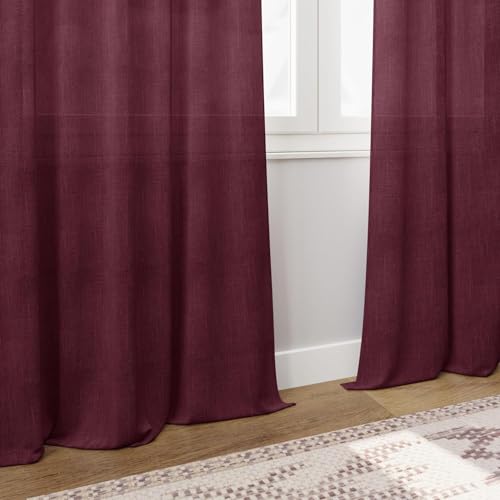Burgundy Linen Curtains for Living Room 100 Inches Long Light Filtering Semi Sheer Curtain Back Tab Vintage Boho Decor Elegant Luxury Drapes for Bedroom Dinner Room 52x100 (52"W x 100"L (Pack of 2) / Burgundy)