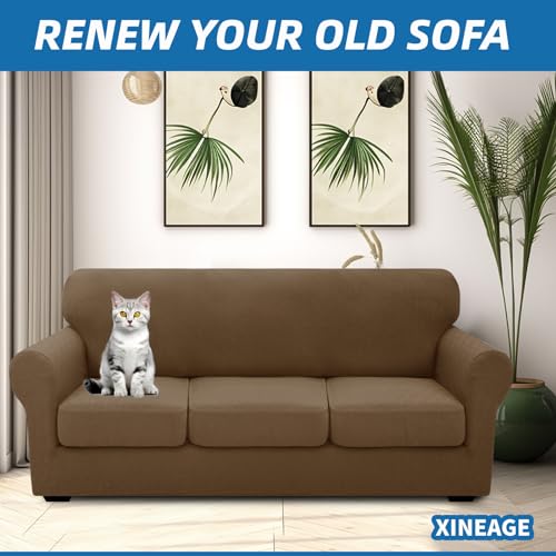 4 Piece Stretch Sofa Cover (71"-91"(3 Cushions) / Brown)