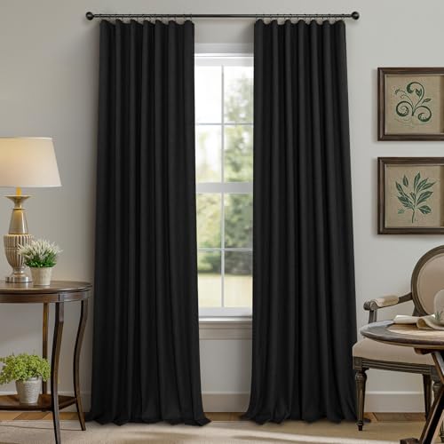 Black Out Curtains 108 Inch Long 2 Panels Gothic Elegant Modern Linen Textured Drapes for Living Room Darkening Summer Heat Winter Cold Blocking 100% Blackout Curtain Window 108 Length Back Tab (Black / 52"W x 108"L (Pack of 2))