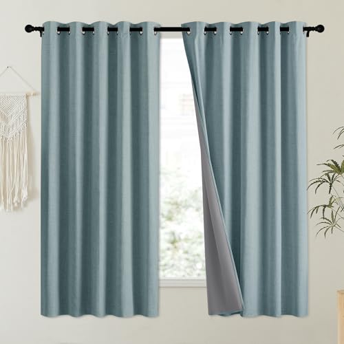 100% Absolutely Blackout Linen Curtains with Thermal Insulated Liner (62"W x 63"L (Pack of 2) / Skylark Blue)