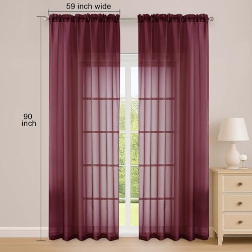 Burgundy Sheer Curtains 84 Inches Long 2 Panels Set for Living Room (Burgundy Wine / 59"W x 84"L (Pack of 2))