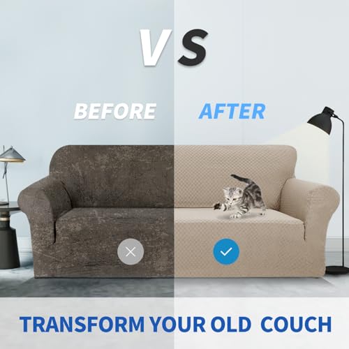 1 Piece Jacquard Couch Covers for 3 Cushion Couch High Stretch Sofa Cover for Pets Dogs Anti Slip Extra Large Sofa Slipcovers Furniture Protector (X-Large (91"-112") / Khaki)