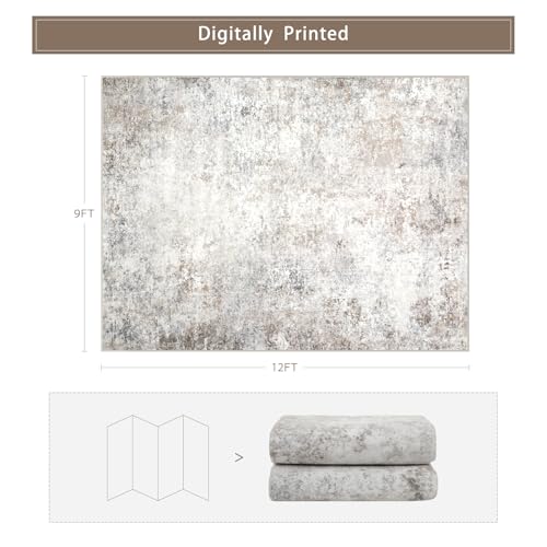 Beige Grey Washable Rugs 9x12 Area Rugs for Living Room (9' x 12' (Rectangular) / Brown-grey-beige-slate)