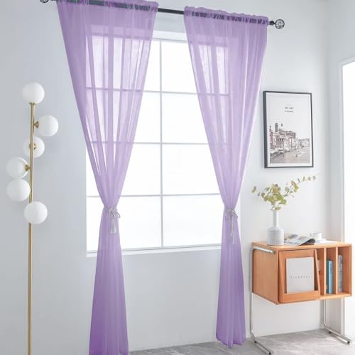 Sheer Voile Window Treatment Rod Pocket Curtain Panels for Kitchen Bedroom Living Room Drapes Sunlight Filtering Privacy Semi Home Decor Assorted (Lavender / 52"W x 90"L (Pack of 2))