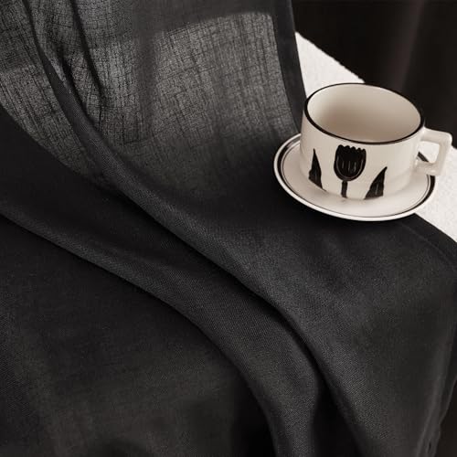 Black Linen Curtains 90 Inches Long for Bedroom Back Tab Light Filtering Privacy Semi Sheer Curtains Living Room Boho Rustic Farmhouse Cotton Textured Gauze Curtain 2 Panel Set 52x90 (Black / 52"W x 90"L (Pack of 2))