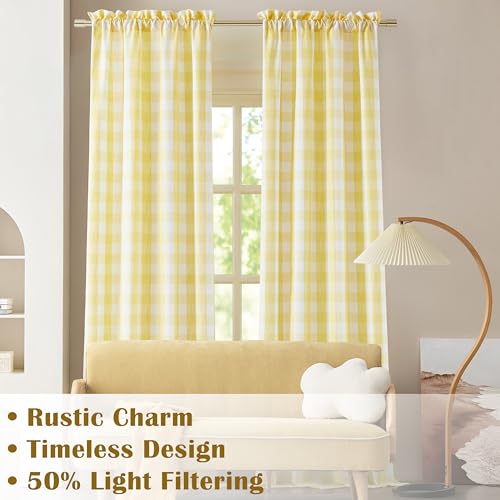 95 Inch Yellow White Buffalo Plaid Semi Sheer Curtains (Yellow/White / 52"W x 95"L (Pack of 2))