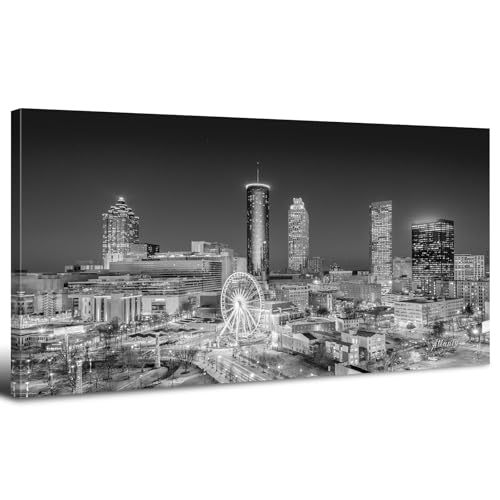 Atlanta Skyline Wall Art Black and White Wall Art Decor Modern Skyline Cityscape Painting Posters City Night View Pictures Ferris Wheel Cityscape Artwork for Living Room Home Decorations 24x48" (48"L x 24"W / Atlanta)