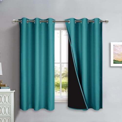 100% Blackout Short Curtains with Black Liners (Peacock Teal / 37"W x 40"L (Pack of 2))