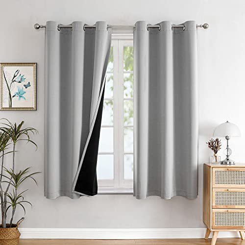 100% Blackout Curtains for Bedroom 63 Inch Long with Black Liner (42"W x 63"L (Pack of 2) / Light Grey)