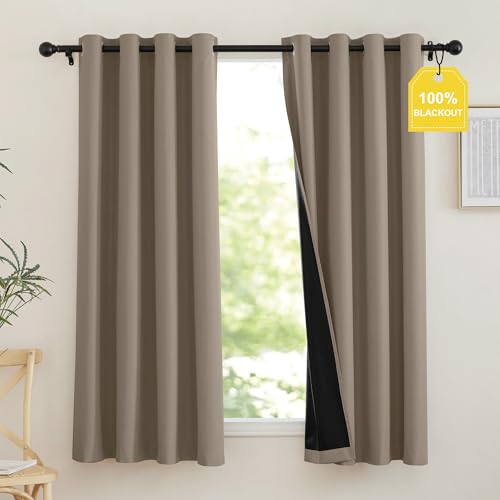 100% Full Blackout Portable Curtains for Bedroom (Tan / 52"W x 63"L (Pack of 2))